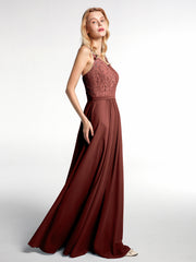 Lace Bodice Chiffon Skirt V-neck Maxi Dress Terracotta