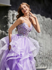 Princess Spaghetti Straps Floor-length Tulle Prom Dresses Lilac Plus Size