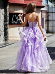 Princess Spaghetti Straps Floor-length Tulle Prom Dresses Lilac Plus Size