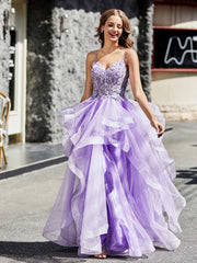 Princess Spaghetti Straps Floor-length Tulle Prom Dresses Lilac Plus Size