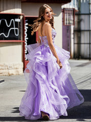 Princess Spaghetti Straps Floor-length Tulle Prom Dresses Lilac Plus Size