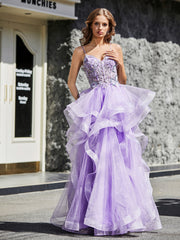 Princess Spaghetti Straps Floor-length Tulle Prom Dresses Lilac Plus Size