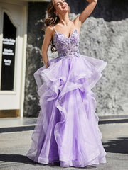 Princess Spaghetti Straps Floor-length Tulle Prom Dresses Lilac Plus Size