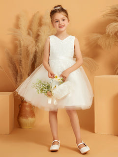 Sleeveless V-neck Knee-length Flower Girl Dress with Bow