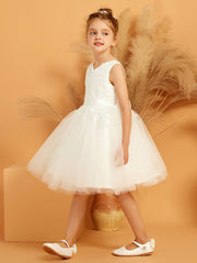 Sleeveless V-neck Knee-length Flower Girl Dress with Bow