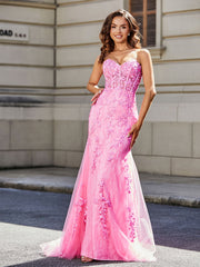 Trumpet/Mermaid Sweep Train Lace Tulle Prom Dresses Pink