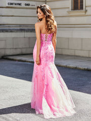 Trumpet/Mermaid Sweep Train Lace Tulle Prom Dresses Dark Navy