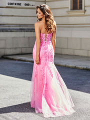 Trumpet/Mermaid Sweep Train Lace Tulle Prom Dresses Pink