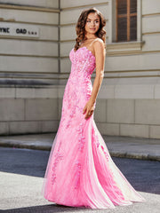 Trumpet/Mermaid Sweep Train Lace Tulle Prom Dresses Pink