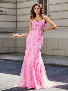 Trumpet/Mermaid Sweep Train Lace Tulle Prom Dresses Pink