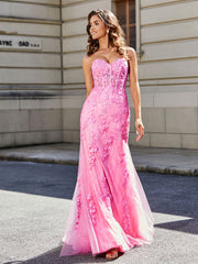 Trumpet/Mermaid Sweep Train Lace Tulle Prom Dresses Pink