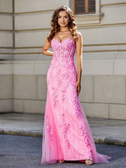 Trumpet/Mermaid Sweep Train Lace Tulle Prom Dresses Pink