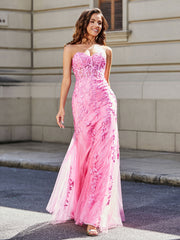 Trumpet/Mermaid Sweep Train Lace Tulle Prom Dresses Pink