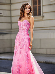 Trumpet/Mermaid Sweep Train Lace Tulle Prom Dresses Pink