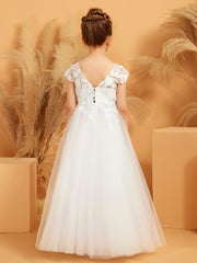 Floral Appliqued V-neck Ball Gown Tulle Flower Girl Dress