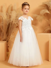 Floral Appliqued V-neck Ball Gown Tulle Flower Girl Dress