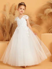 Floral Appliqued V-neck Ball Gown Tulle Flower Girl Dress