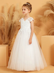 Floral Appliqued V-neck Ball Gown Tulle Flower Girl Dress