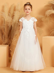 Floral Appliqued V-neck Ball Gown Tulle Flower Girl Dress