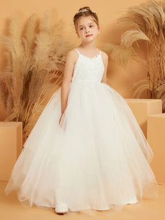 Lace Appliqued Spaghetti Straps Flower Girl Ball Gown Dress