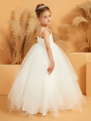 Lace Appliqued Spaghetti Straps Flower Girl Ball Gown Dress