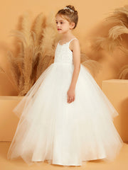 Lace Appliqued Spaghetti Straps Flower Girl Ball Gown Dress