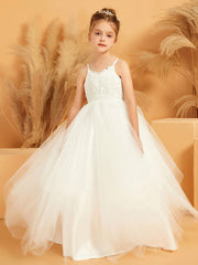 Lace Appliqued Spaghetti Straps Flower Girl Ball Gown Dress