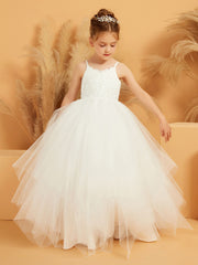 Lace Appliqued Spaghetti Straps Flower Girl Ball Gown Dress