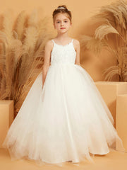 Lace Appliqued Spaghetti Straps Flower Girl Ball Gown Dress
