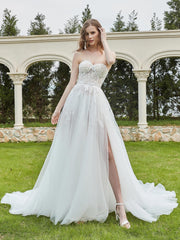 Lace Pearl Applique Strapless Wedding Dress Ivory