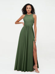 Halter Neck Max Chiffon Dresses with Slit Olive Green