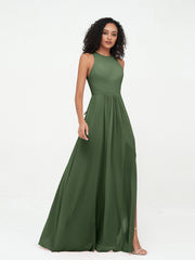 Halter Neck Max Chiffon Dresses with Slit Olive Green