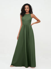 Halter Neck Max Chiffon Dresses with Slit Olive Green