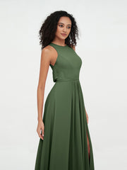Halter Neck Max Chiffon Dresses with Slit Olive Green