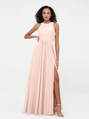 Halter Neck Max Chiffon Dresses with Slit Pearl Pink