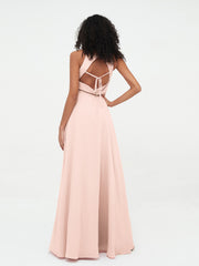 Halter Neck Max Chiffon Dresses with Slit Pearl Pink
