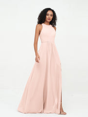 Halter Neck Max Chiffon Dresses with Slit Pearl Pink