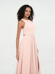 Halter Neck Max Chiffon Dresses with Slit Pearl Pink