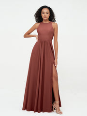 Halter Neck Max Chiffon Dresses with Slit Terracotta