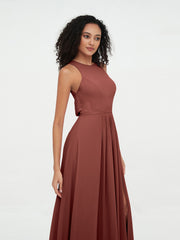 Halter Neck Max Chiffon Dresses with Slit Terracotta