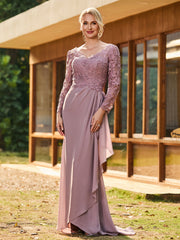 V-Neck Long Sleeves Lace Top Chiffon Pleated Dress Dusk