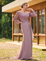 V-Neck Long Sleeves Lace Top Chiffon Pleated Dress Dusk