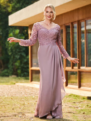 V-Neck Long Sleeves Lace Top Chiffon Pleated Dress Dusk