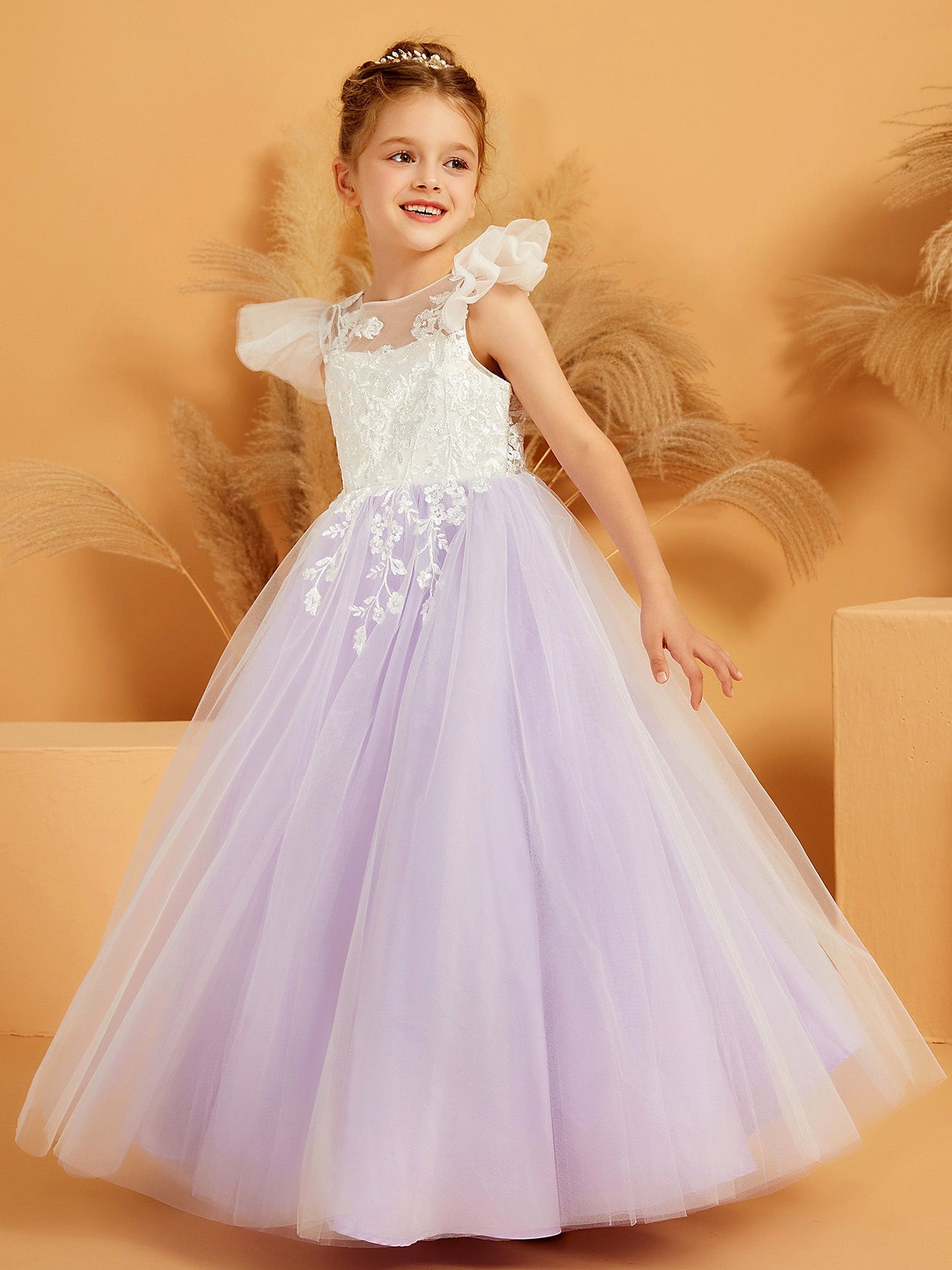 Illusion Lace Top Flower Girl Dress with Bow Sweep Train Lilac Lilac