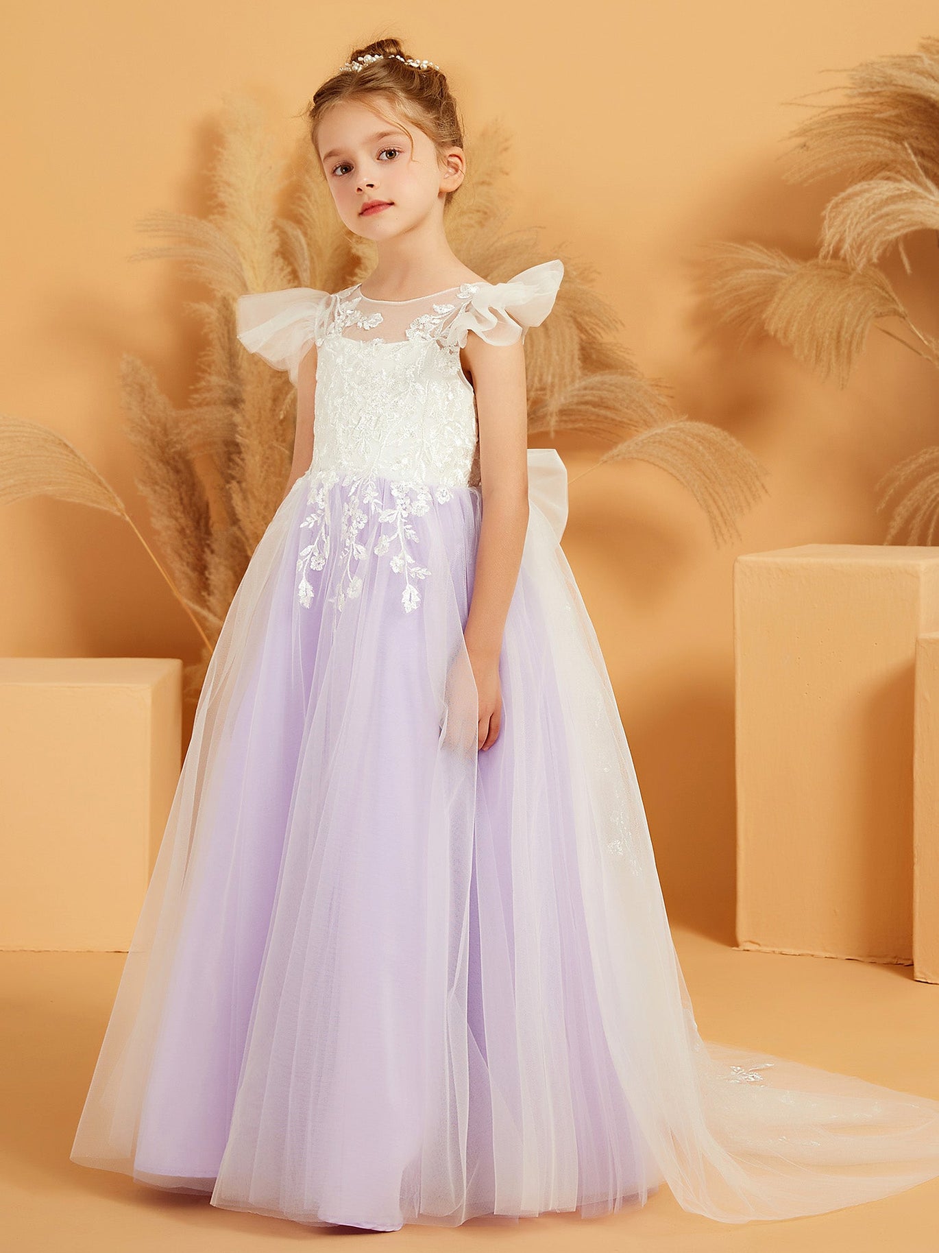 Illusion Lace Top Flower Girl Dress with Bow Sweep Train Lilac