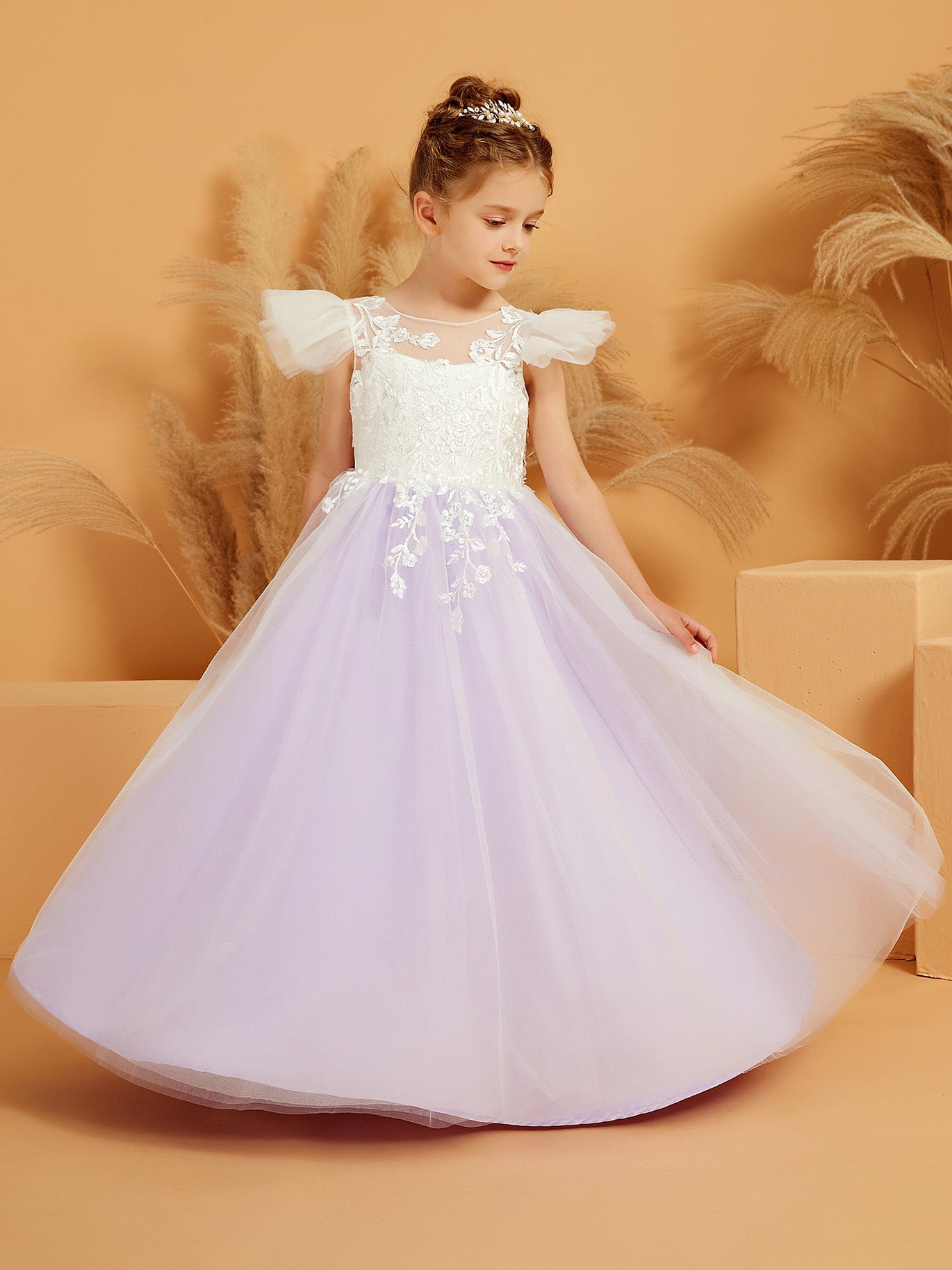 Illusion Lace Top Flower Girl Dress with Bow Sweep Train Lilac