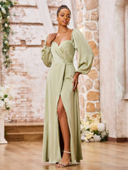 A-line Sweetheart Neck Long Sleeves High Slit Dresses Dusty Sage