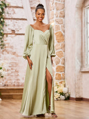 A-line Sweetheart Neck Long Sleeves High Slit Dresses Dusty Sage