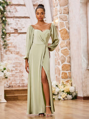 A-line Sweetheart Neck Long Sleeves High Slit Dresses Dusty Sage