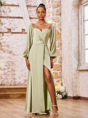 A-line Sweetheart Neck Long Sleeves High Slit Dresses Dusty Sage